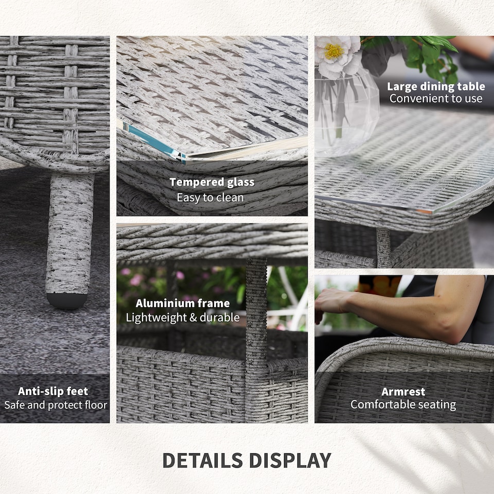 image 1 of Outsunny Garden PE Rattan Dining Sofa Set, Outdoor 4 Seater Wicker Furniture, High Back Chairs with Cushions, Tempered Glass Coffee Table for Patio, Light Grey