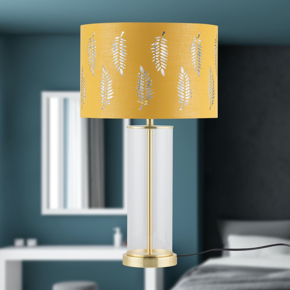 image 1 of Set of 2 Aura - Satin Brass Lamps with Ochre Fern Cut Out Shades | Gold | Yellow | Large | 2