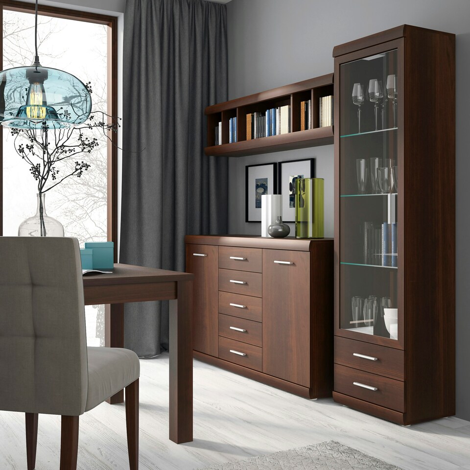 image 1 of Imperial Tall Glazed 1 Door 2 Drawer Narrow Cabinet in Dark Mahogany Melamine