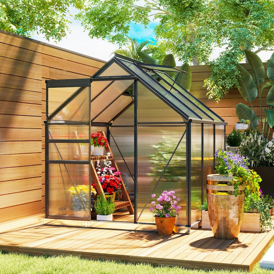 image 1 of Outsunny Polycarbonate Walk-in Garden Greenhouse w/ Sliding Door Grey
