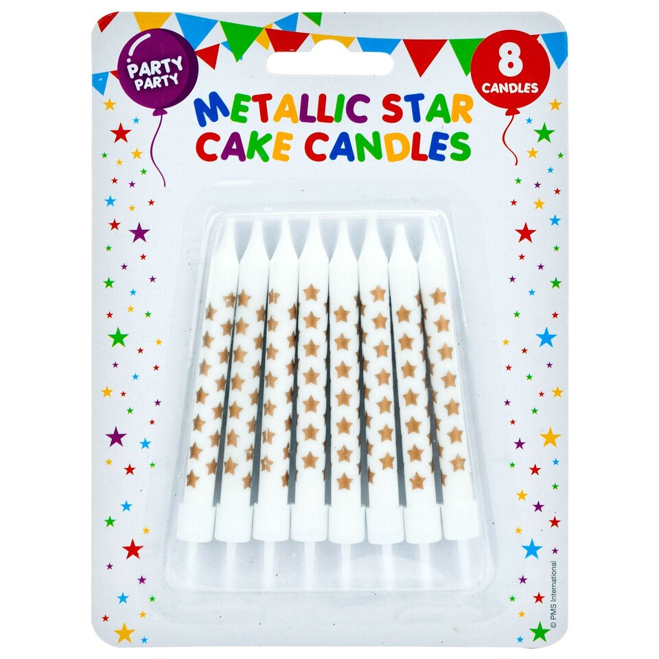 image 1 of VFM e-Store 8 Metallic Gold Birthday Cake Candles with Stars - Wax, One Size