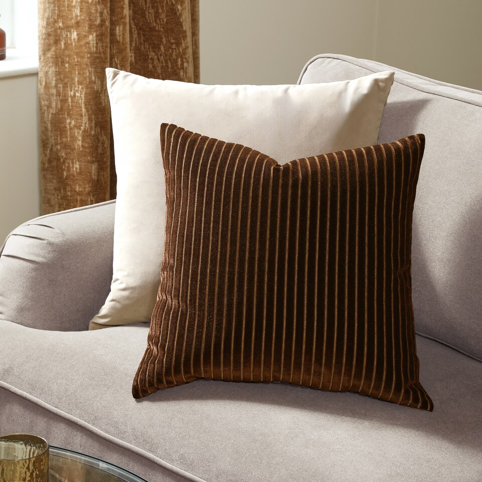 image 1 of Paoletti Savoy Stripe Velvet Cushion, Chocolate