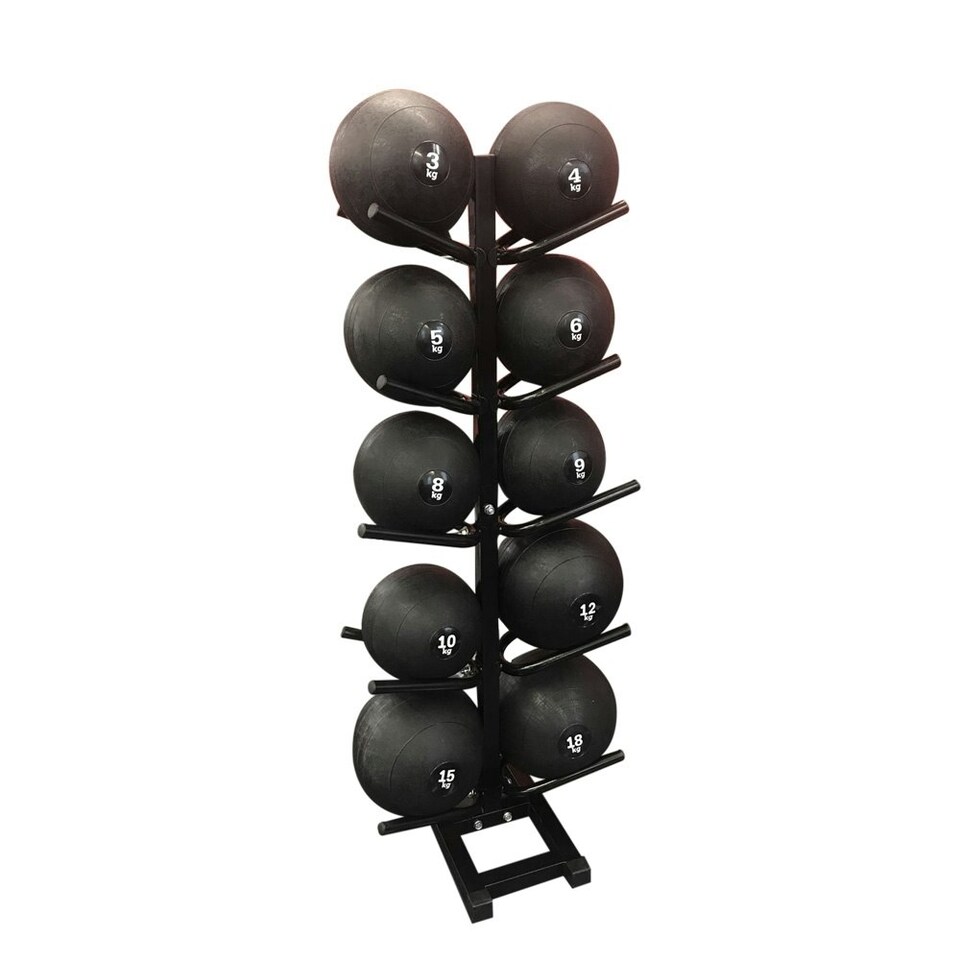 DOUBLE SIDED VERTICAL STORAGE RACK WITH 10 BLACK SLAM BALLS