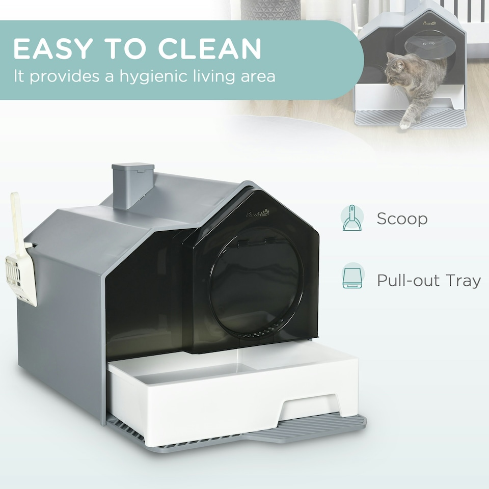 image 1 of PawHut Hooded Cat Litter Tray w/ Scoop, Drawer Pan, Handle, Deodorants