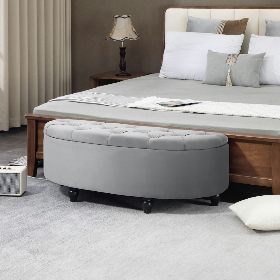 image 1 of HOMCOM Semi-Circle Storage Ottoman Bench Tufted Upholstered Accent Footrest