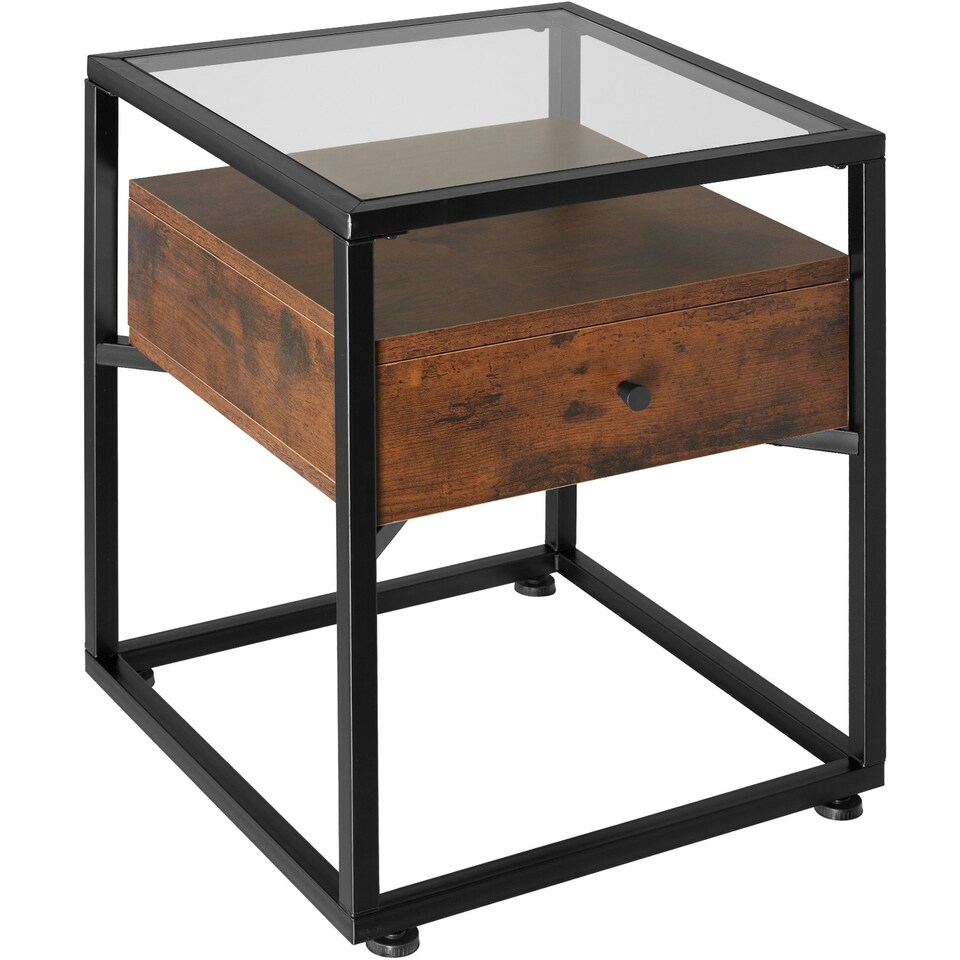 image 1 of Nightstand with glass surface and drawer Brown | Dark Wood