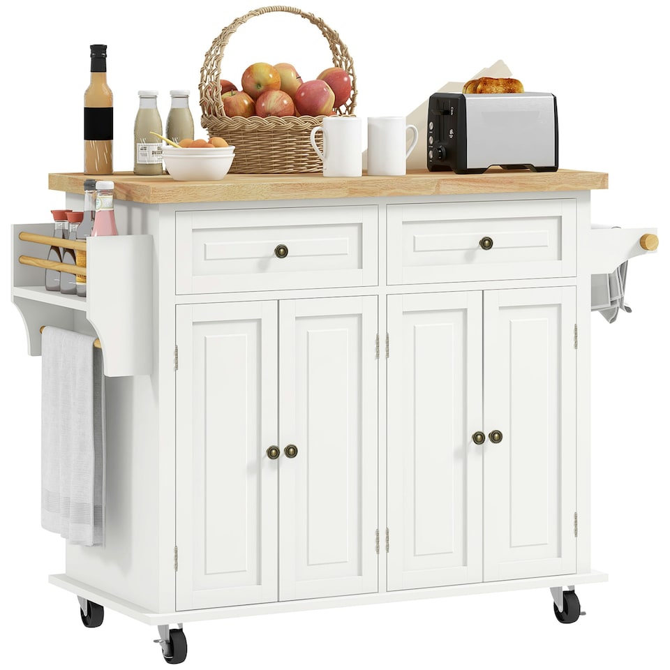 image 1 of HOMCOM Rolling Kitchen Island Cart with Rubber Wood Top, Spices Cream White
