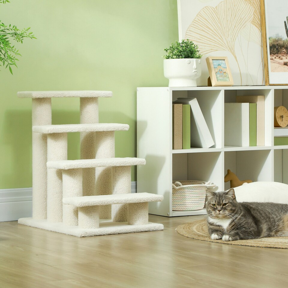 image 1 of PawHut Dog Steps for Bed 4 Step Pet Stairs for Dog Cat Climb Ladder Cream