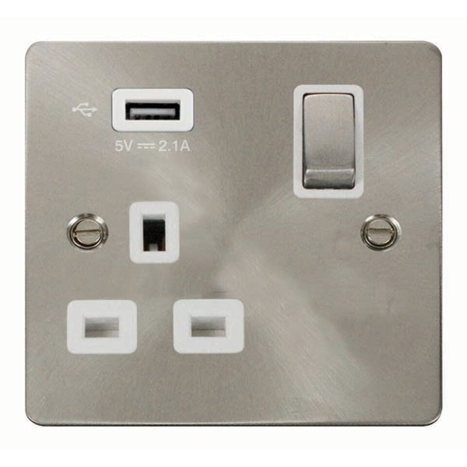 SE HOME Flat Plate Satin / Brushed Chrome 1 Gang 13A DP Ingot 1 USB Switched Plug Socket - White Trim - SE Home White | Satin Chrome