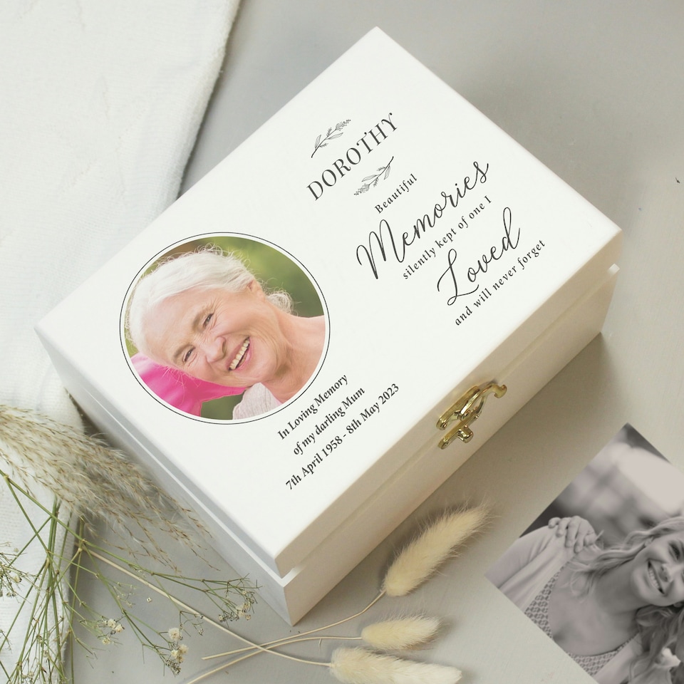 image 1 of Personalised Memorial Photo Upload White Wooden Box White