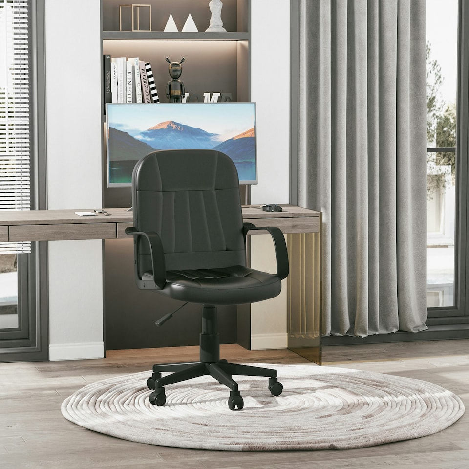 image 1 of HOMCOM PU Leather Office Chair Swivel Mid-Back Computer Desk Chair, Black