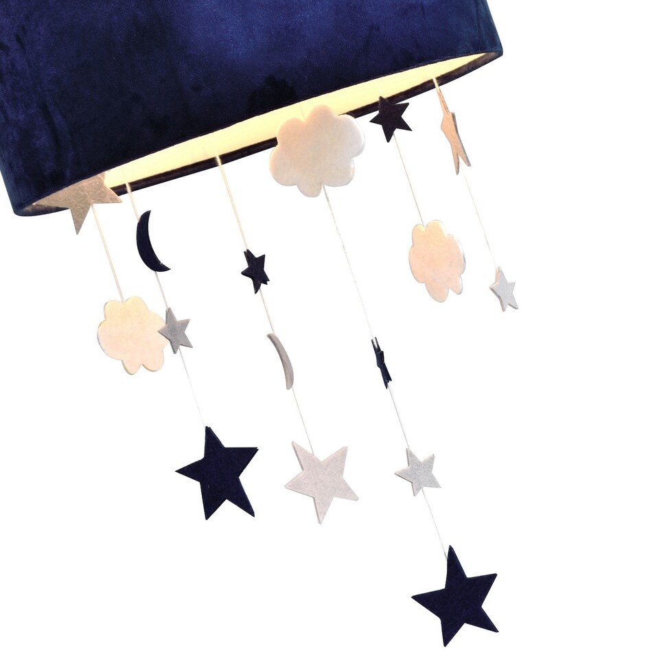 image 1 of Soft Midnight Blue Velvet Pendant Lamp Shade with Hanging Felt Stars and Clouds | Blue | 12"
