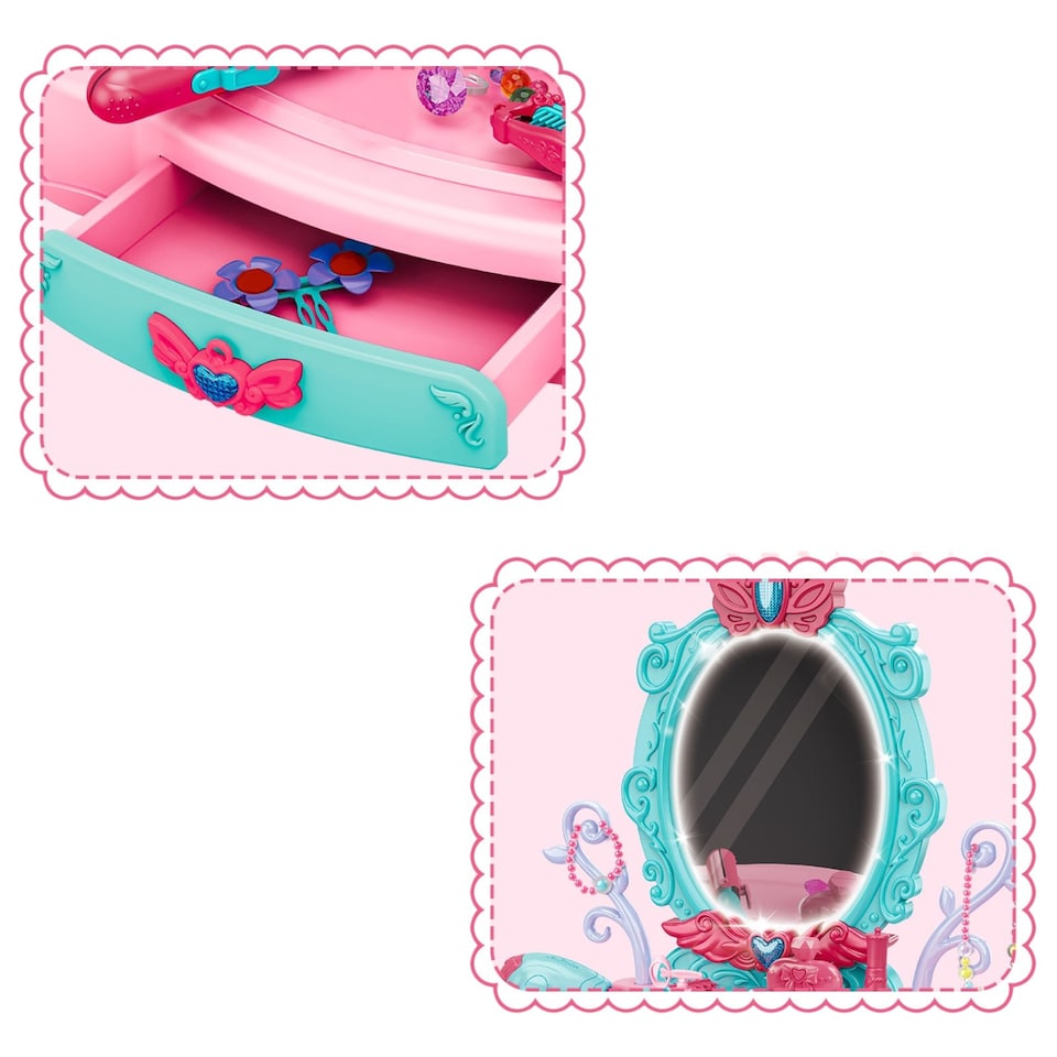 image 1 of Girls Dressing Vanity Table Playset with Lights, Mirror & Makeup Accessories – Princess Pretend Beauty Salon Toy for Kids Ages 3+
