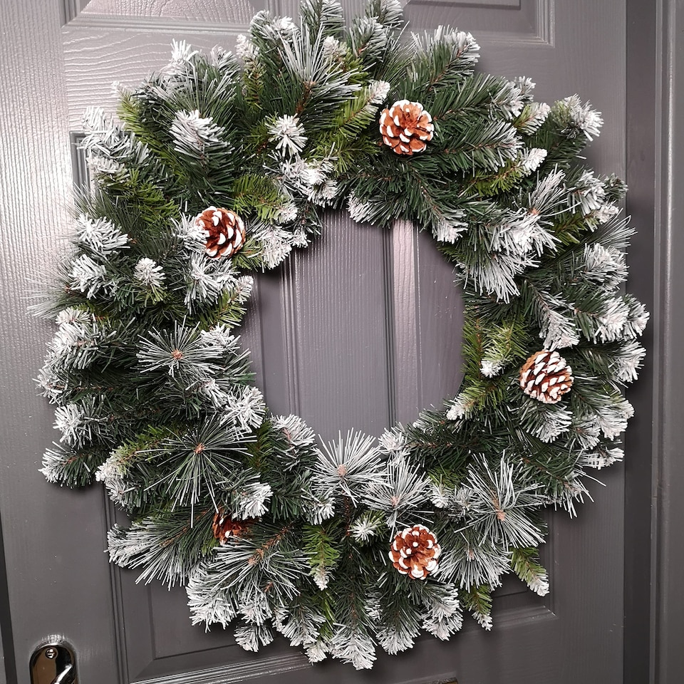 image 1 of 60cm Frosted Glacier Snow Tipped Christmas Wreath with Pine Cones