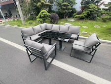Fimous Aluminum Outdoor Garden Furniture Corner Sofa Chair Adjustable Rising Lifting Dining Table Sets Black Tempered Glass Dark Grey 8 Seater