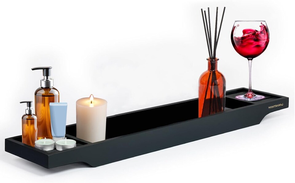 image 1 of Luxury Bamboo Bath Caddy Tray Wood Bathtub Storage Organizer Black