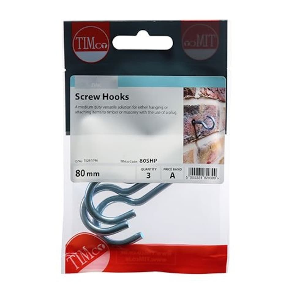 image 1 of Timco - Screw Hooks - Zinc (Size 80mm - 3 Pieces) N/A