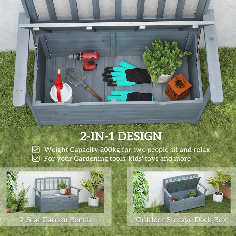 image 1 of Outsunny Garden Storage Bench, 2 Seater Fir Wood Outdoor Bench, Dark Grey