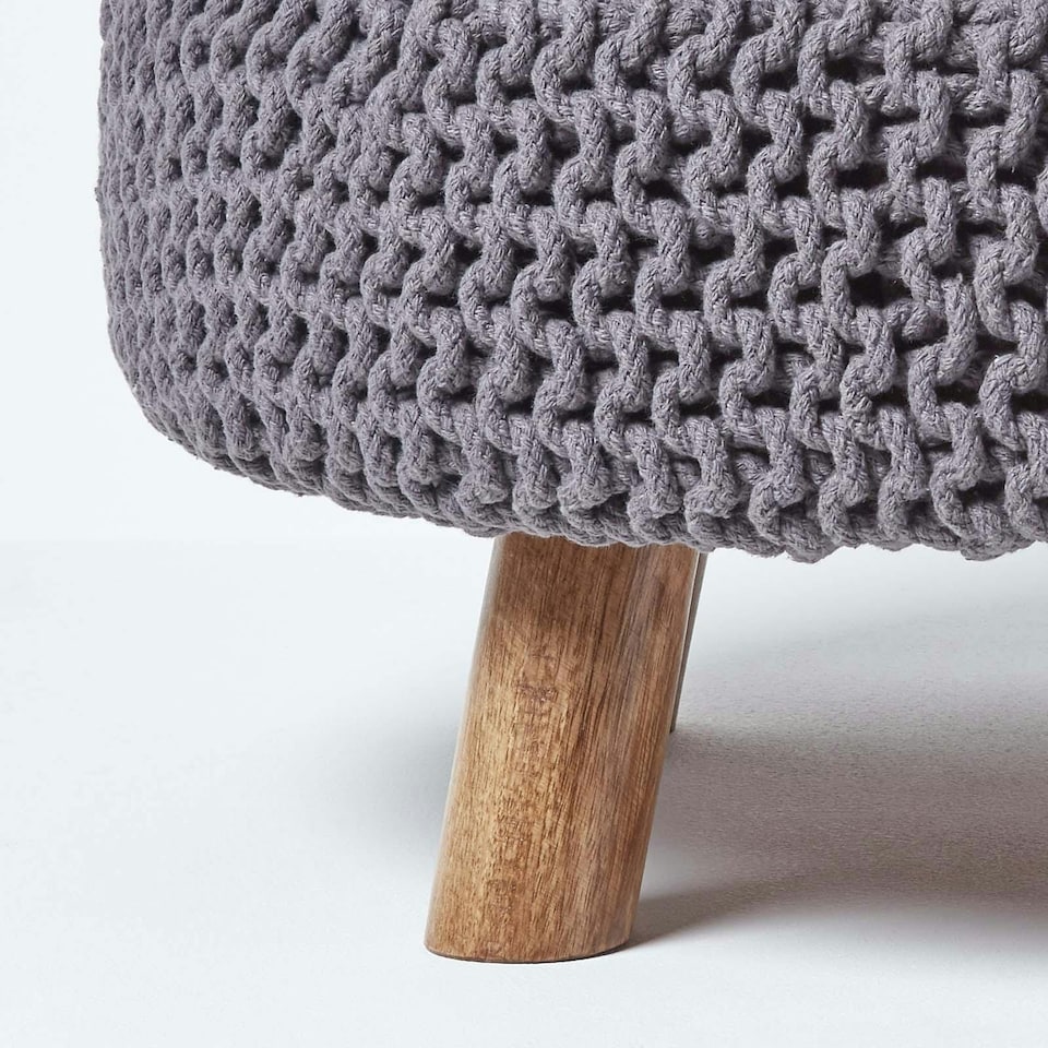 image 1 of Homescapes Sea Grey Large Round Cotton Knitted Footstool on Legs | Grey | 62 x 62 x 30 cm
