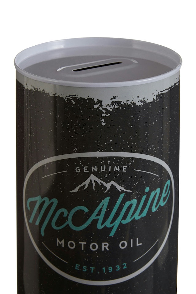 image 1 of Interiors By Premier Large Money Tin|Metal Saving Tin,Classic Tin,McAlpine Motor Oil Metal Money Box,Cylindrical Coin Storage | Black