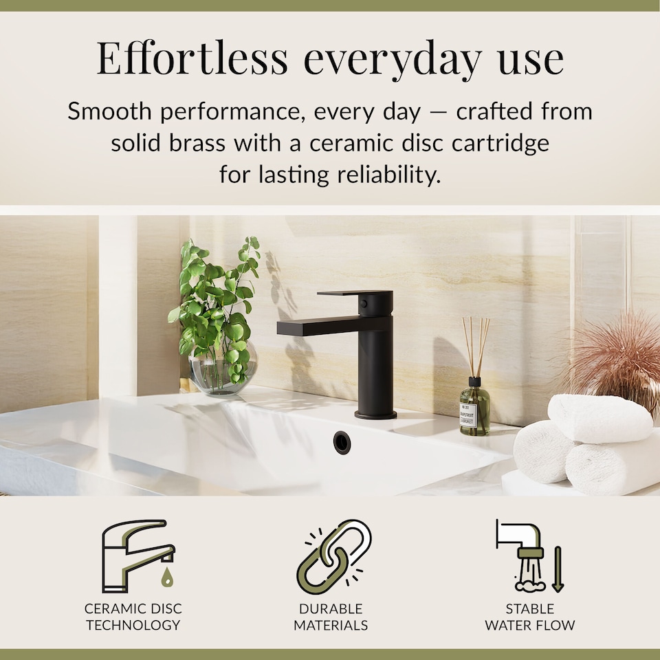 image 1 of Square Mono Basin Mixer Tap Push Button Waste Matt Black | Black | Matt Black | 1