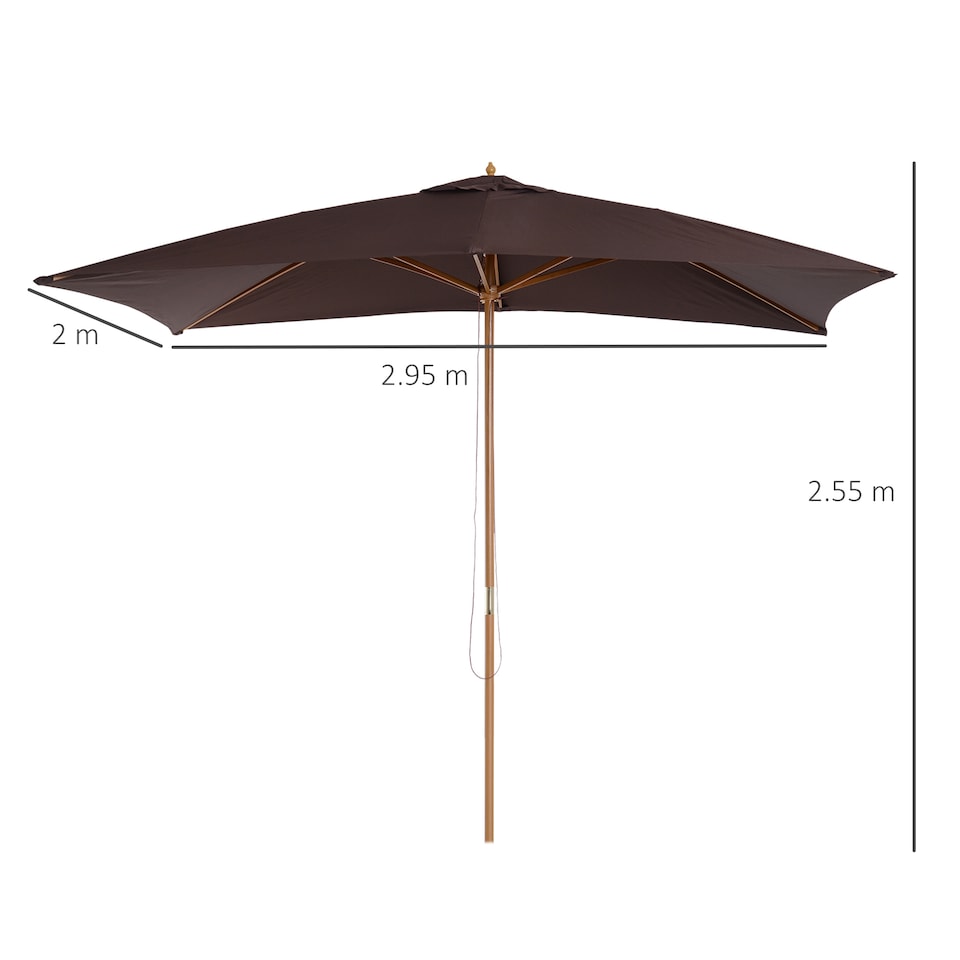 image 1 of Outsunny 2 x 3m Wooden Garden Parasol Umbrella Outdoor Sun Shade Canopy, Table Market Umbrella with Vent, 38 mm Pole, Rope Pulley Mechanism, Dark Coffee