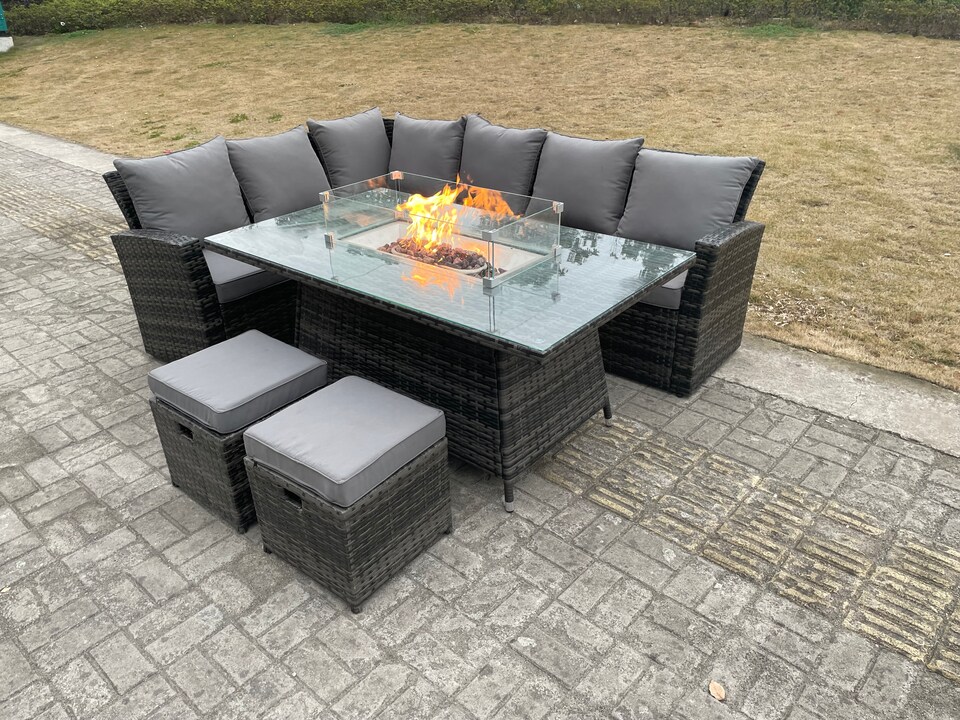 image 1 of Fimous High Back Rattan Garden Furniture Sets Gas Fire Pit Dining Table Set Gas Heater Left Corner Sofa Small Footstools 8 Seater