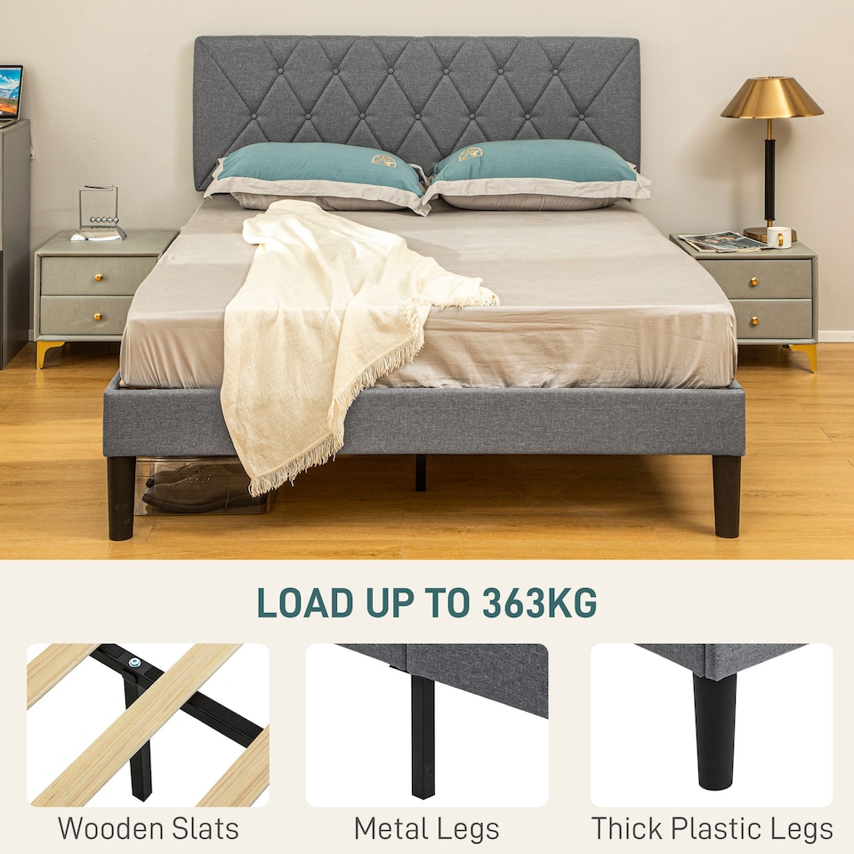 image 1 of HOMCOM Double Bed Frame with 5-Level Adjustable Linen Upholstered Headboard, Wooden Slats Mattress Foundation, No Box Spring Needed, Grey