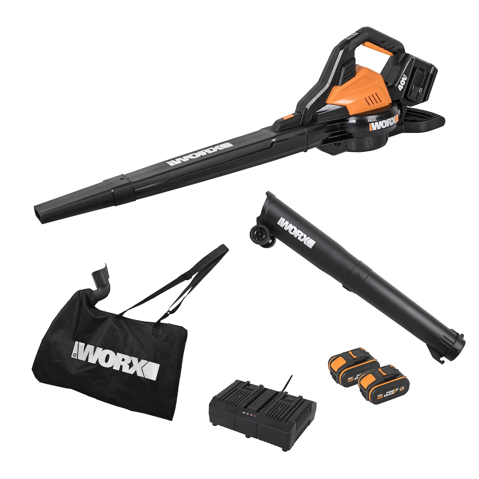 image 1 of WORX 40V cordless brushless leaf blower and vacuum with collection bag - with 2 4AH battery and charger WG583E