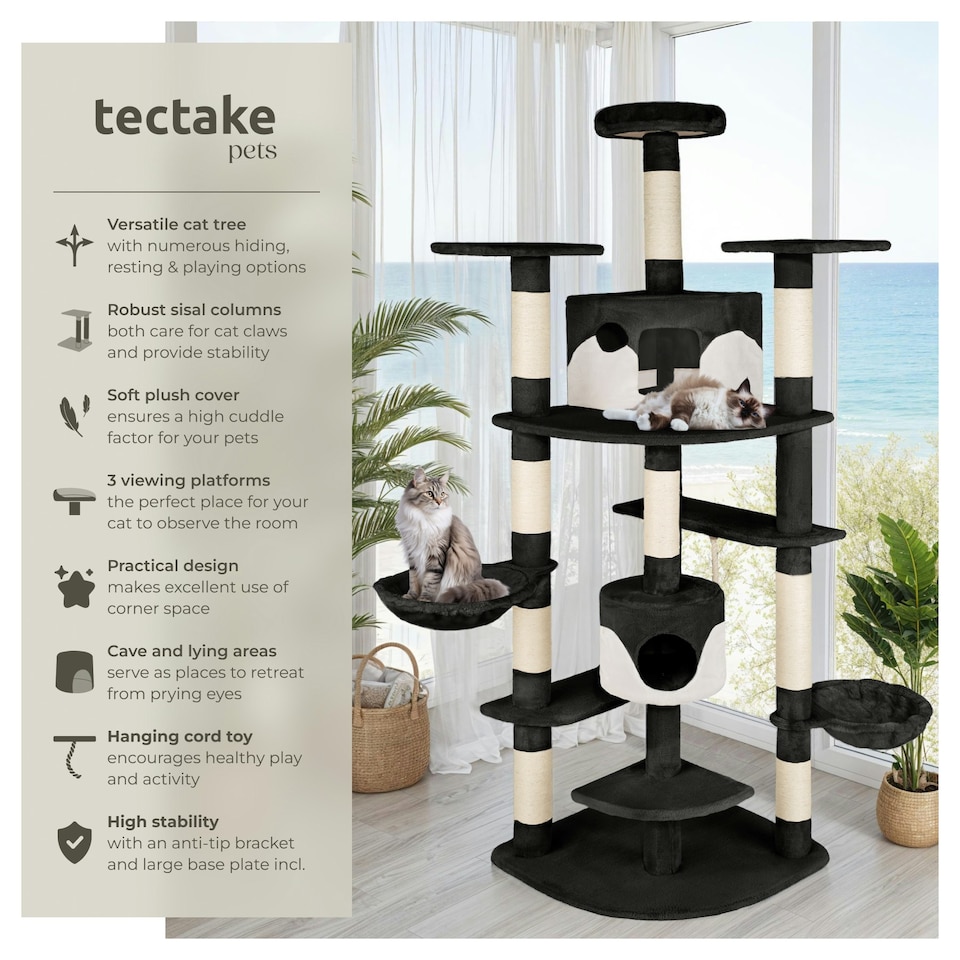 image 1 of Cat Tree Fippi - 201 cm tall, sisal cat scratching post, toy & anti-tip bracket - Black/White