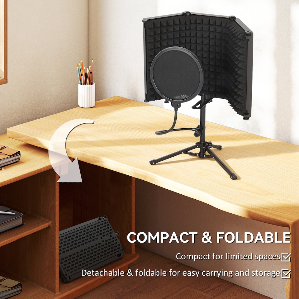 image 1 of HOMCOM Studio Microphone Isolation Shield with Pop Filter & Stand, Black