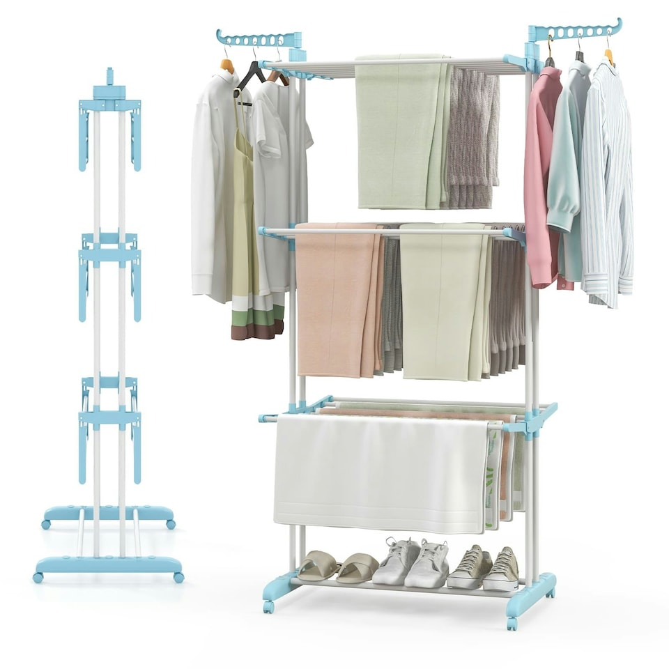 image 1 of COSTWAY 4-Tier Collapsible Laundry Rack Foldable Drying Rack Navy