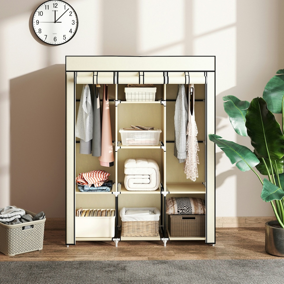 image 1 of HOMCOM Fabric Portable Wardrobe with 8 Shelves 2 Hanging Rails, Cream White Cream