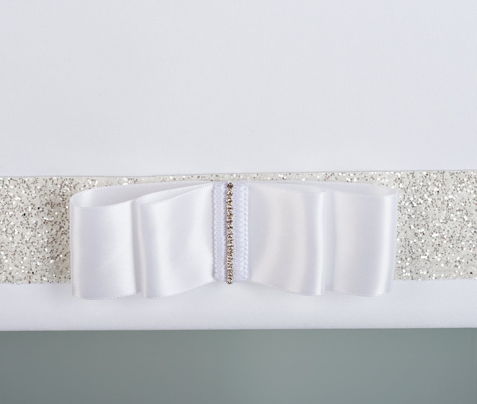 image 1 of FURNISHED Blackout Roller Blind with White Glitter Trim and White Bow Cut to Size | White | White | (W) 180cm x (L) 165cm