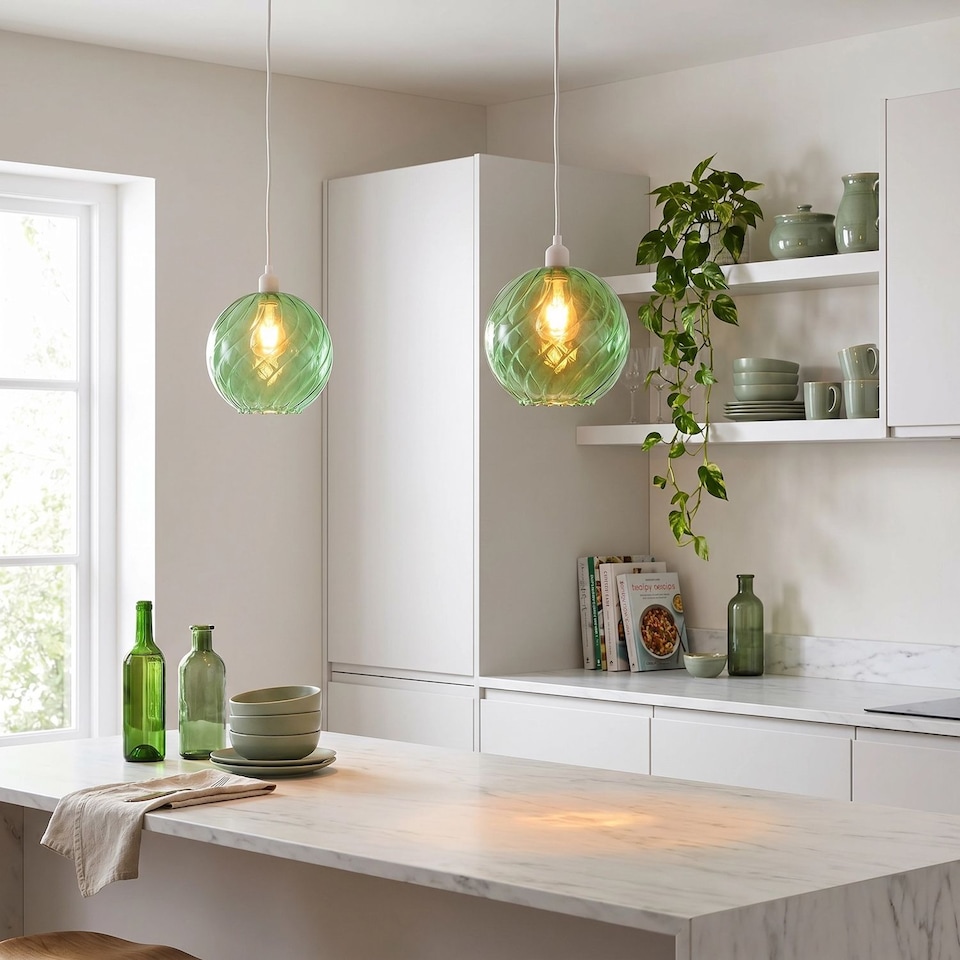 image 1 of Chic Emerald Green Circular Fluted Glass Ceiling Pendant Light Shade | Green | Emerald Green | 1