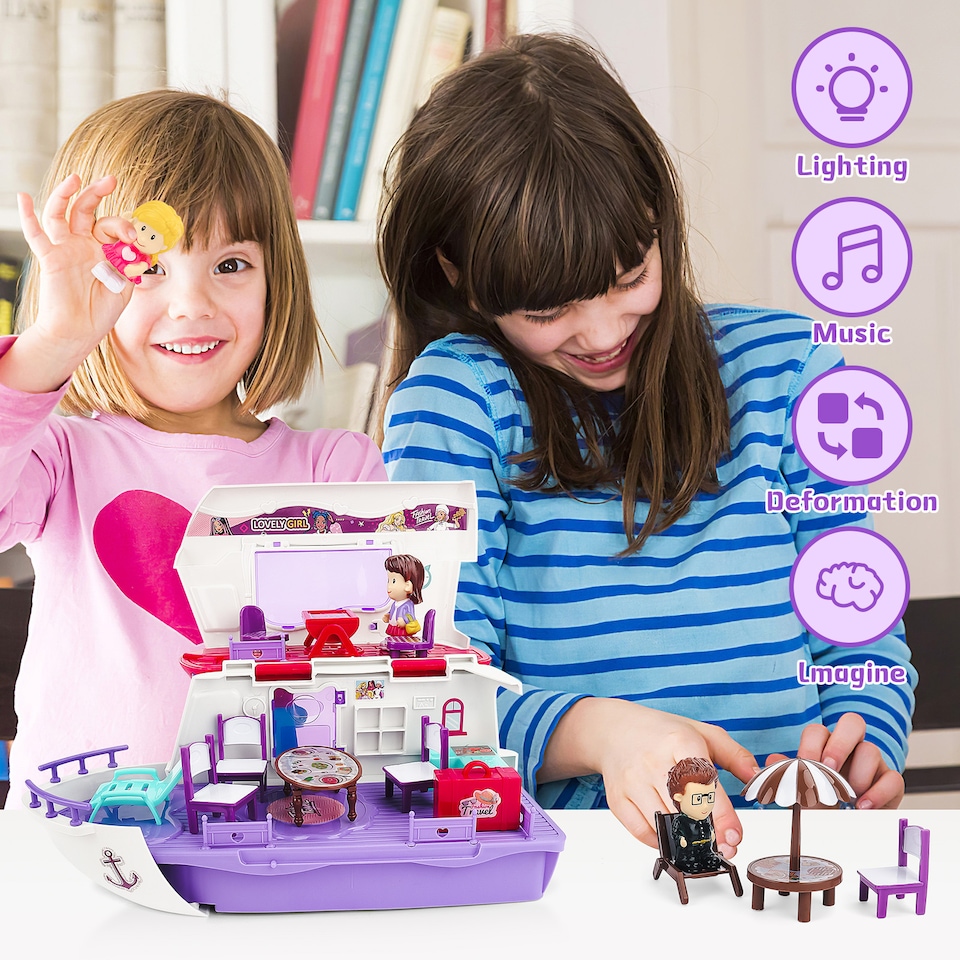 image 1 of Children’s Boat House Playset – with Table, Chairs, 3 Figures, Lights & Sounds (Pink & White)