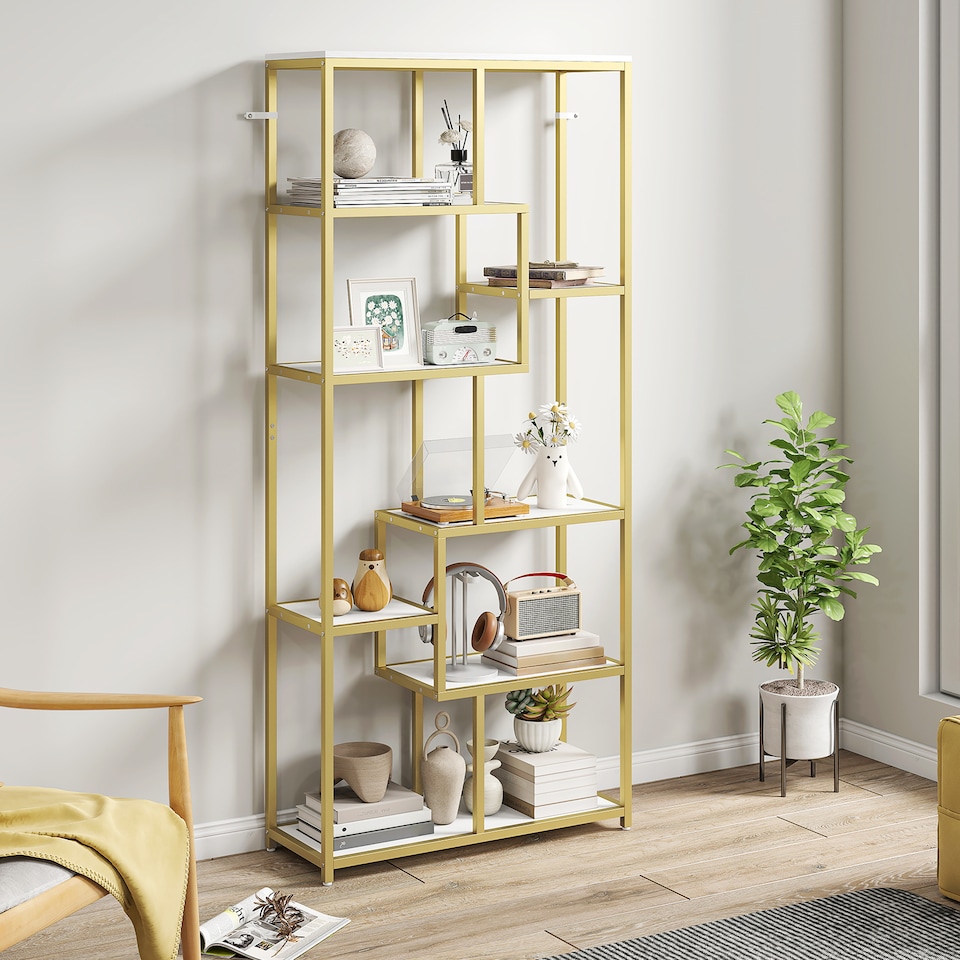 image 1 of HOMCOM 7-Tier Bookshelf, Geometric Bookcase, Industrial Floor Standing Book Shelf, Open Display Shelving Unit for Living Room, Home Office and Bedroom, White and Gold Tone | White | White and Gold Tone