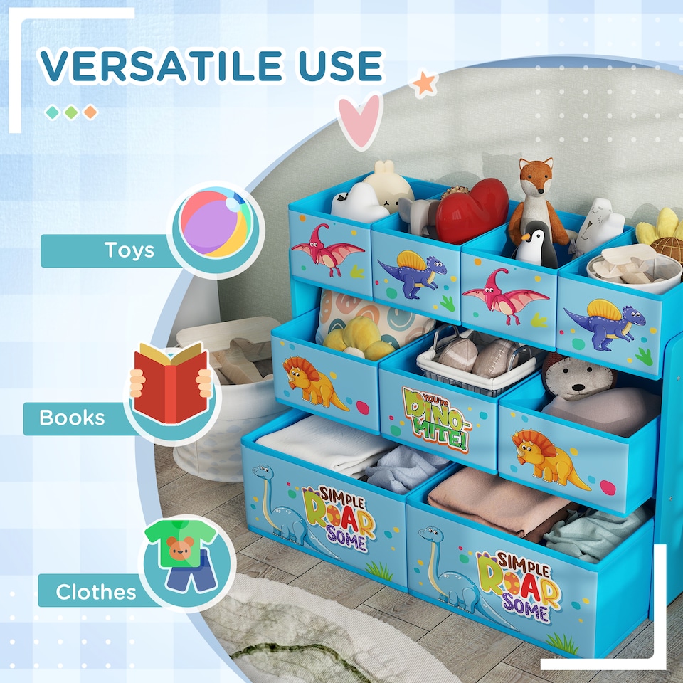 image 1 of AIYAPLAY 3-Tier Toy Organiser Shelf with 9 Storage Boxes for Bedroom, Blue