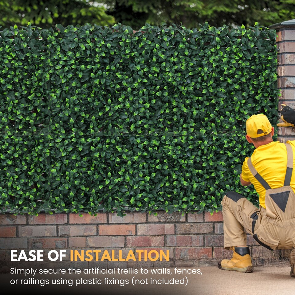 image 1 of Expanding Trellis With Artificial Leaves and Flowers - Ficus Leaf Garden Hedge Balcony Privacy Screening Panel | Green | Green | L | 1
