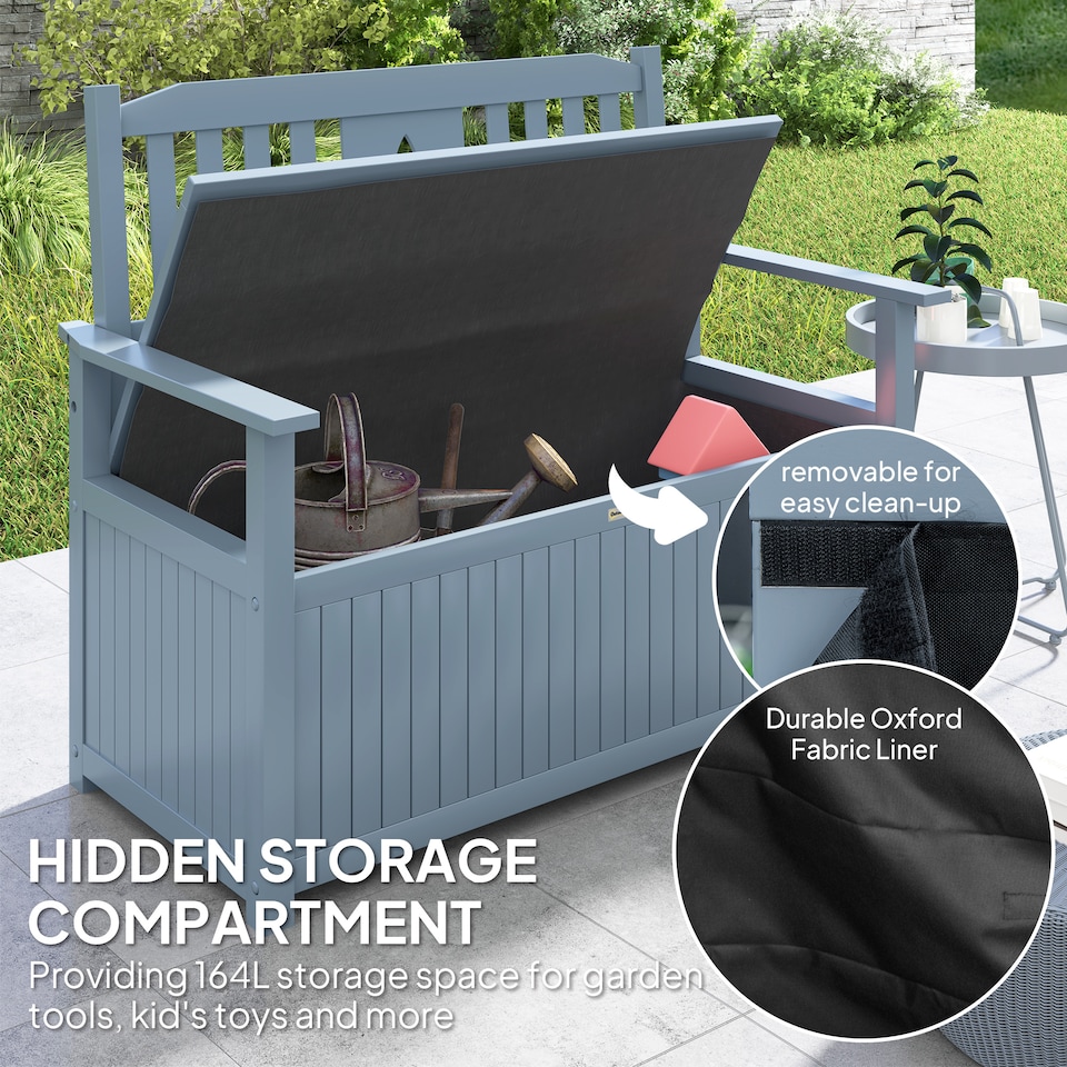 image 1 of Outsunny 2 Seater Garden Storage Bench, 164L Outdoor Storage Box with Backrest Flower Pattern, Wooden Garden Bench with Armrests, 125 x 68.5 x 97cm, Grey | Grey | Grey
