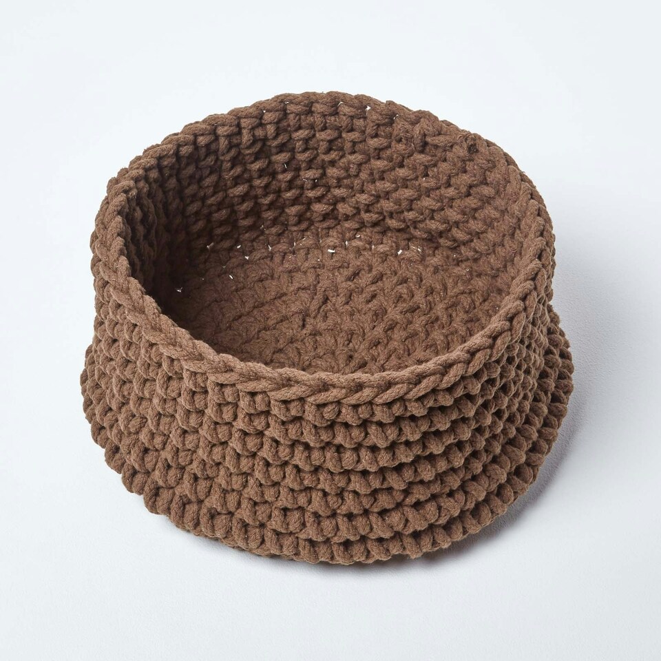 image 1 of Homescapes Chocolate Cotton Knitted Round Storage Basket - 37 x 21cm Brown | M