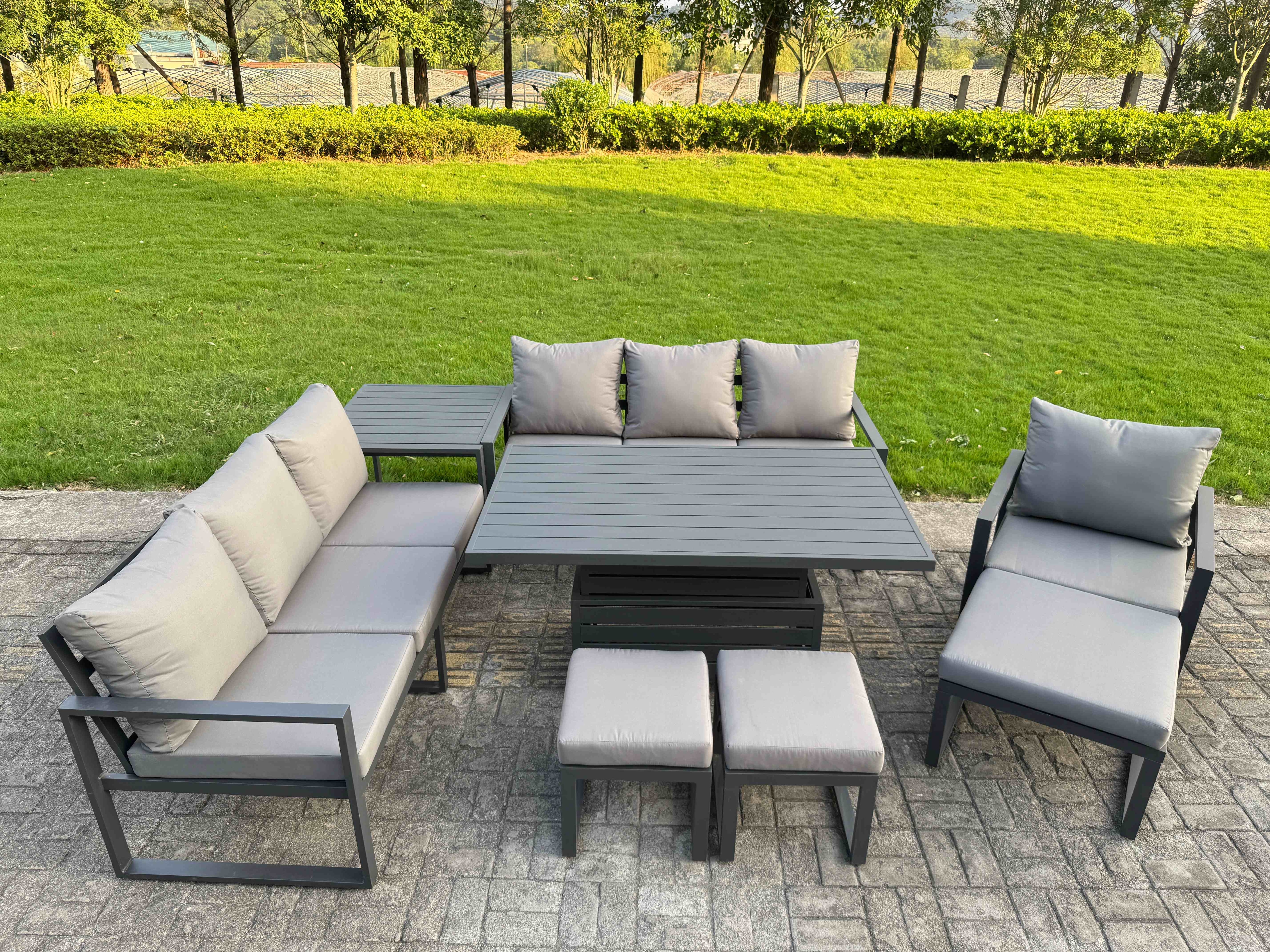 Fimous Garden Aluminium Furniture Set Dark Grey 10 Seater Outdoor Patio Adjustable Rising Lifting Dining Table with 3 Footstools Side Table Dark Grey