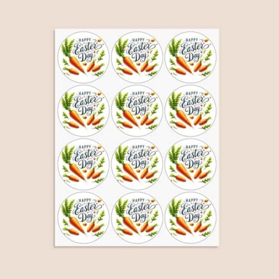 image 1 of Happy Easter Carrots Round Stickers 60mm - Sheet of 12