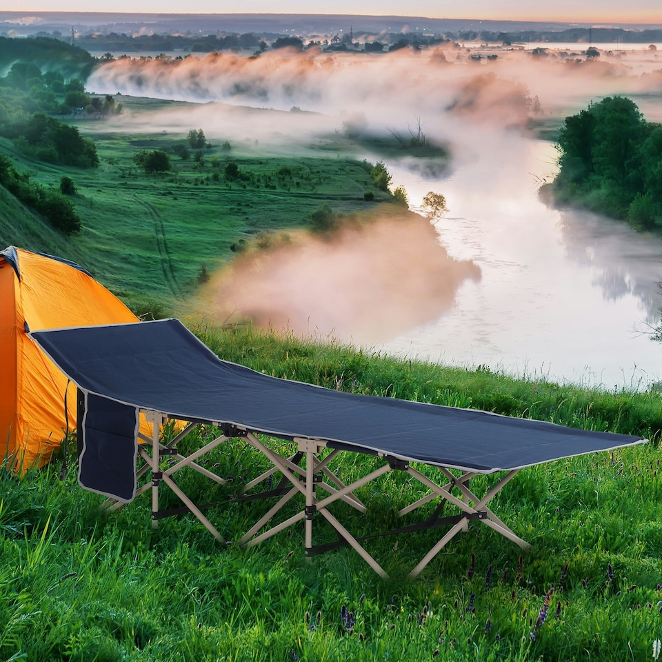 image 1 of Outsunny Single Portable Outdoor Sleeping Bed Camping Cot Blue