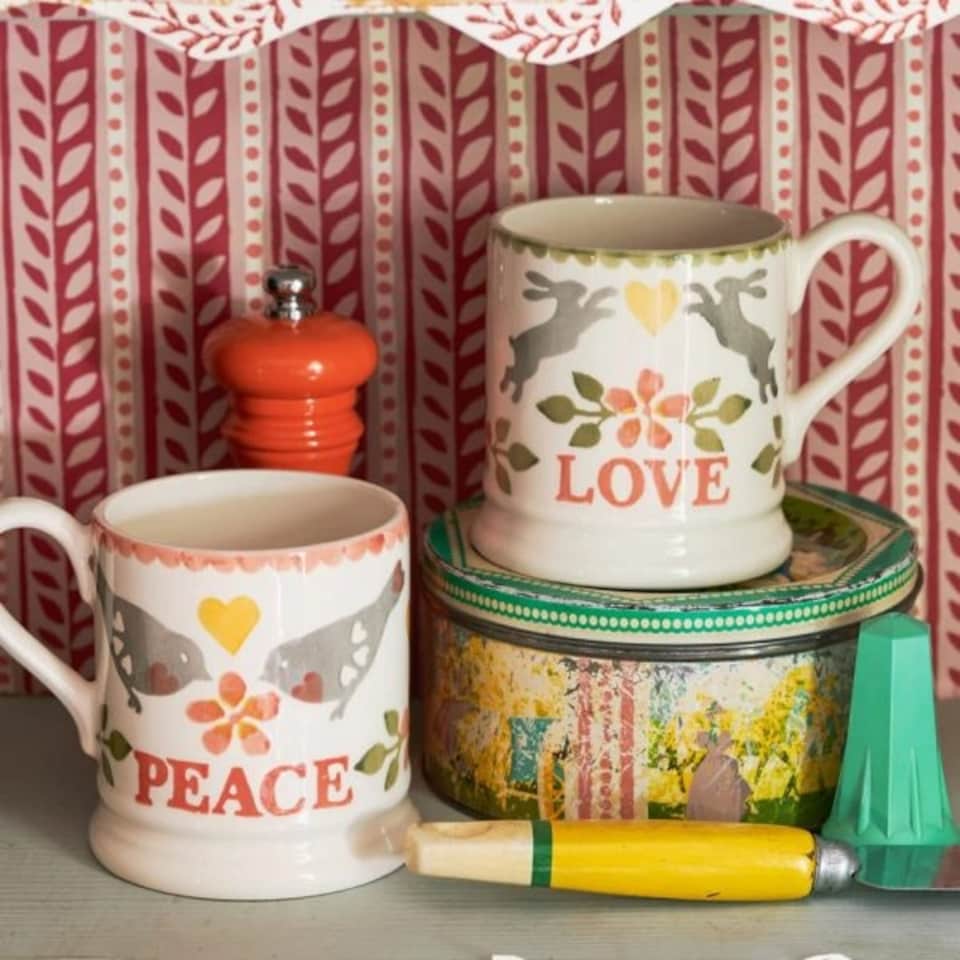 image 1 of Mug Set: 2 x 300ml Emma Bridgewater Coral Peace and Love Birds, Ceramic White