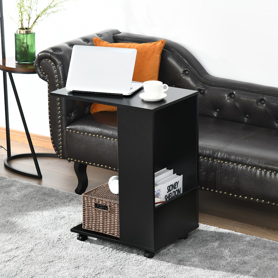 image 1 of HOMCOM Mobile Sofa Side Table C-Shape End Table with Storage and Casters for Laptop Coffee Snack, Black