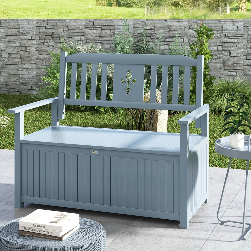 image 1 of Outsunny 2 Seater Wood Garden Storage Bench Outdoor Storage Box Grey