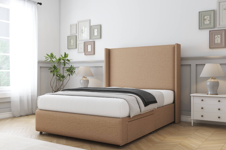 image 1 of Sloomy Stratford Latte Dumfries Divan Bed Base 2 Drawers Foot-End With 54 Inch Wingback Headboard & 12 Inch Matching Footboard | Brown | Latte | King | 1