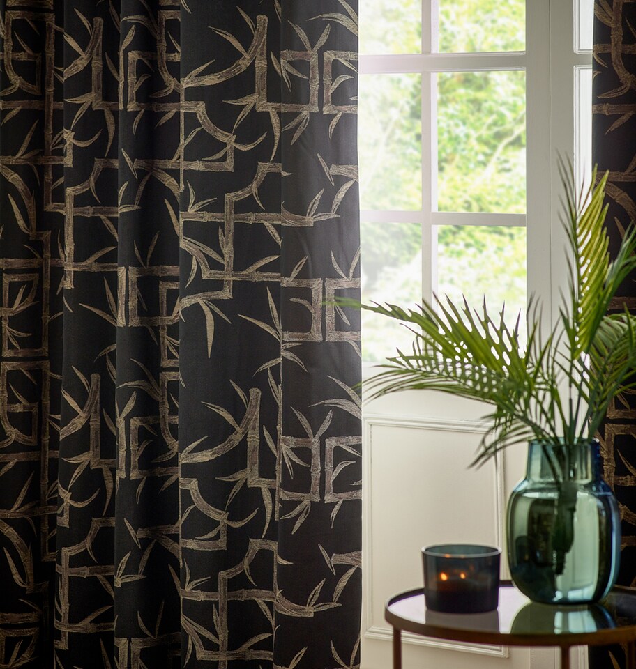 image 1 of Paoletti Bamboo Fully Lined Jacquard Eyelet Curtain Pair, 168cm width x 183cm drop | Black | Black | 1