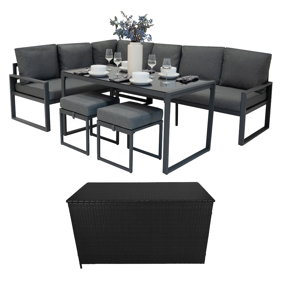 image 1 of Aluminium Corner Sofa Set With Black Rattan Storage Box - Anthracite Grey